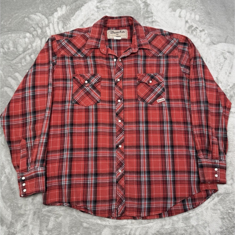 Vintage Wrangler Pearl Snap Shirt Mens XL Red Plaid Flannel Western Long Sleeve